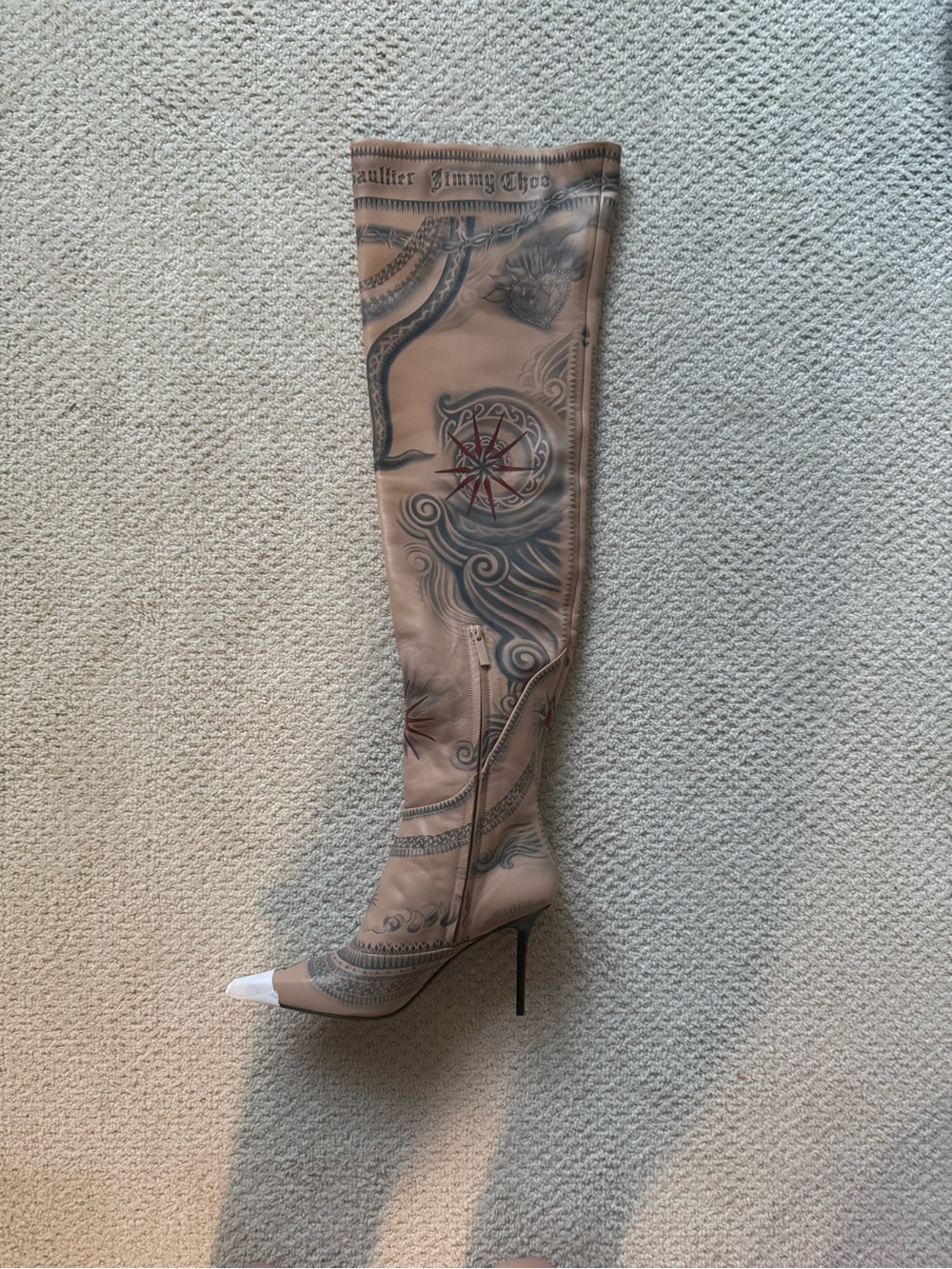 Jimmy Choo Jean Paul Gaultier Over-the-Knee Tattoo-Print Stiletto Boots in Beige - Picture 3 of 9